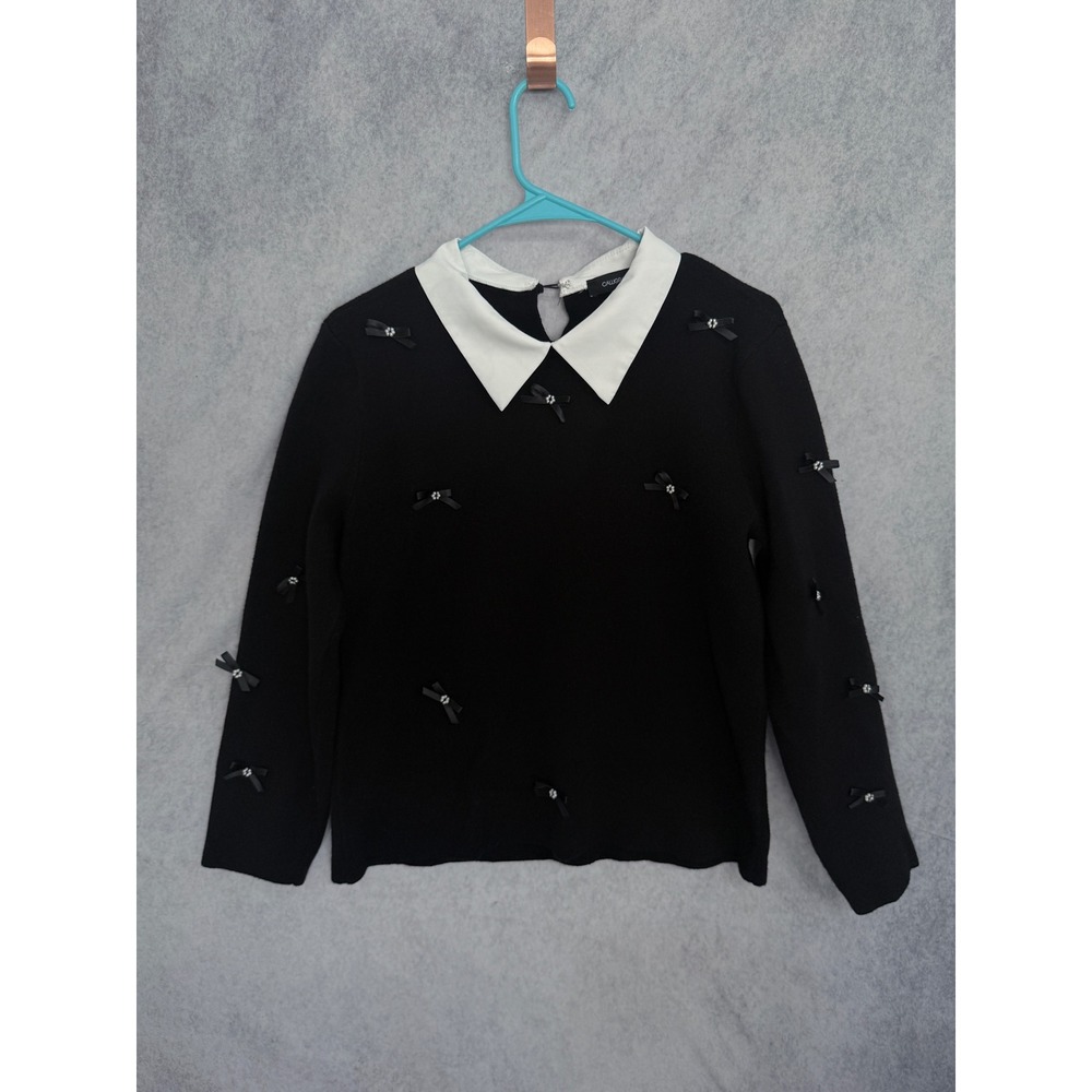 Calligraphie Black Bow Sweater White Collar Coquette Peter Pan Neck Large